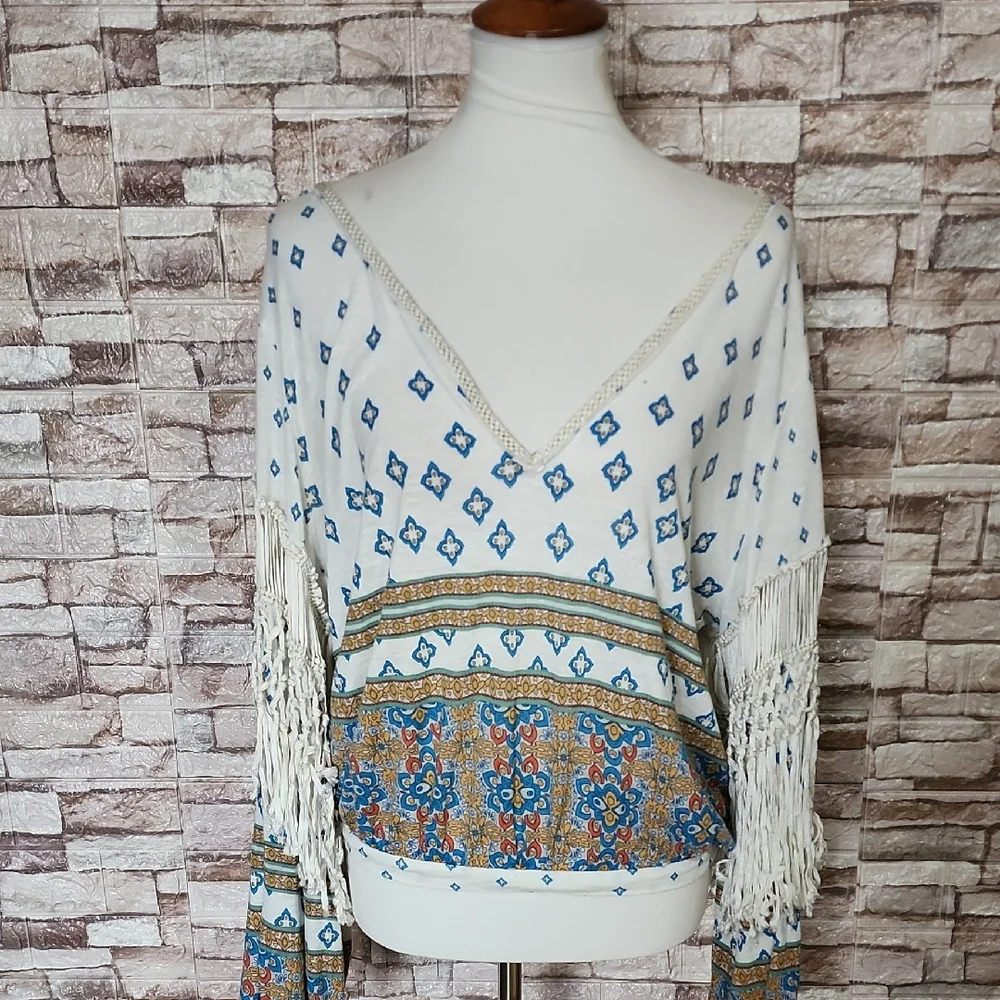 Free People Bohemian Fringe V-Neck Top - White and Blue